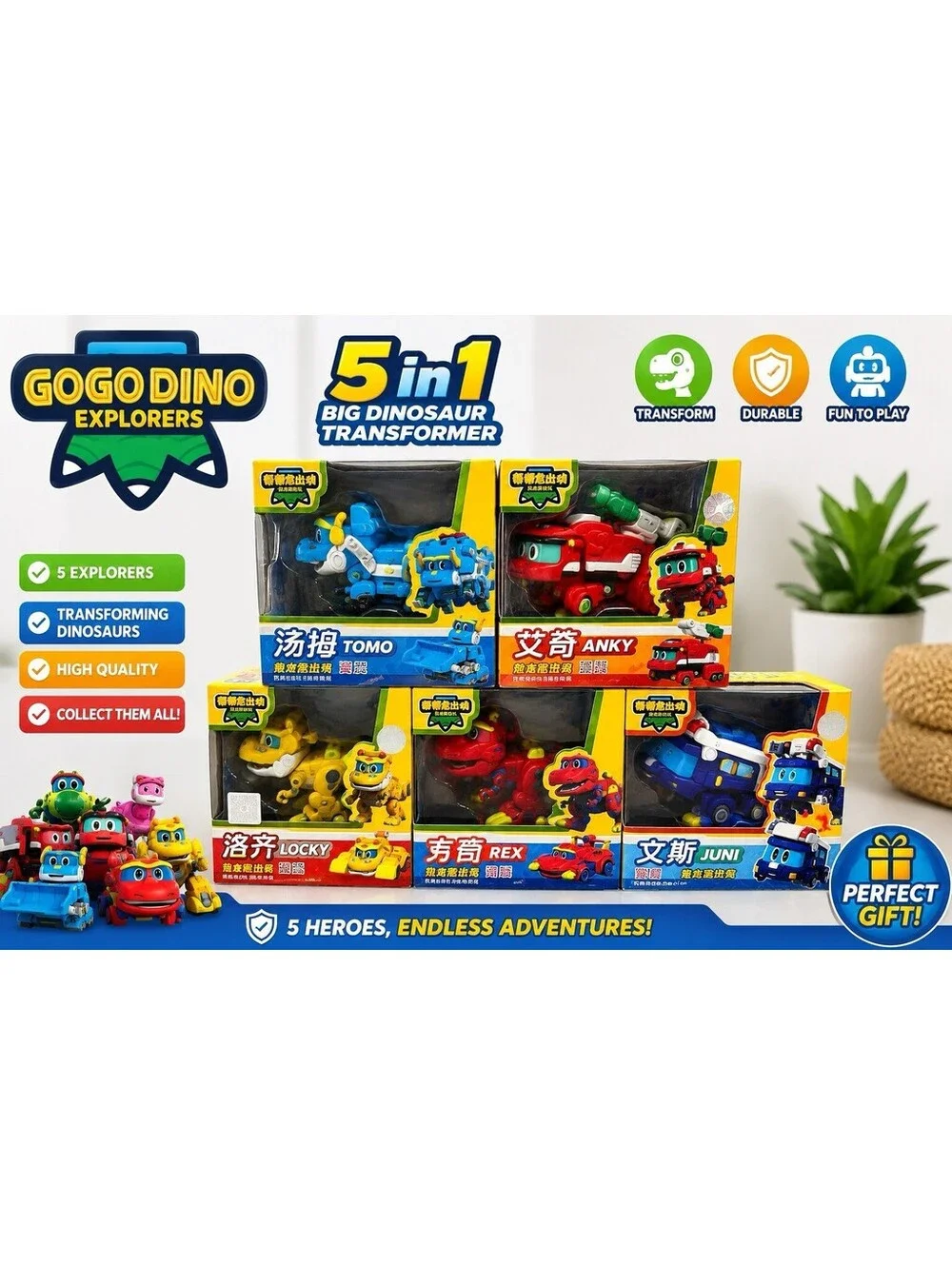 Gogo Dino Explorers 5 Big Dinosaur Transformer Lot Tomo Anky Rex Juni Locky
